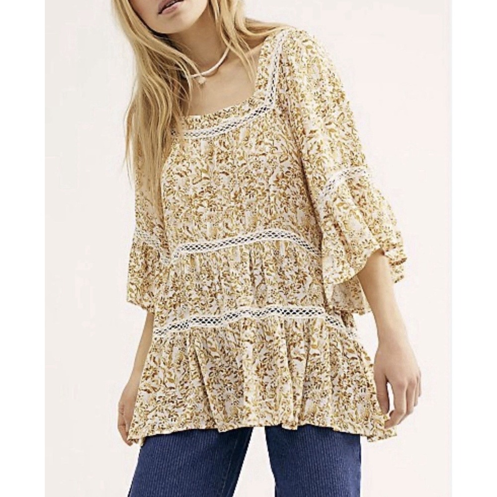 Free‎ People Top Women's Small Floral Crochet Trim Boho Babydoll Oversized